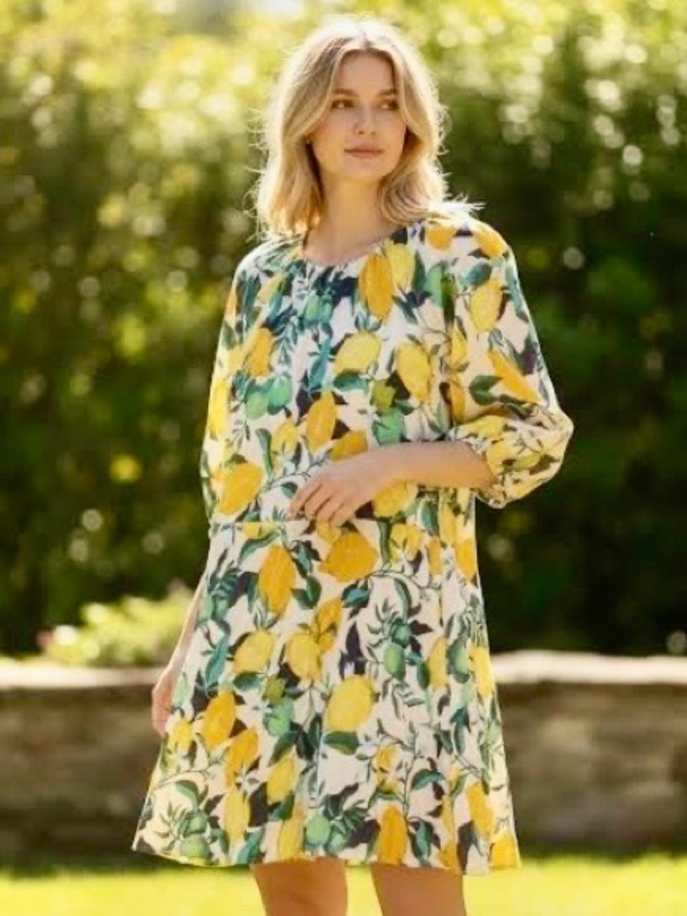 H&M Lemon Print Cotton Balloon-Sleeve Mini Lightweight Shift Vacation Dress SZ M